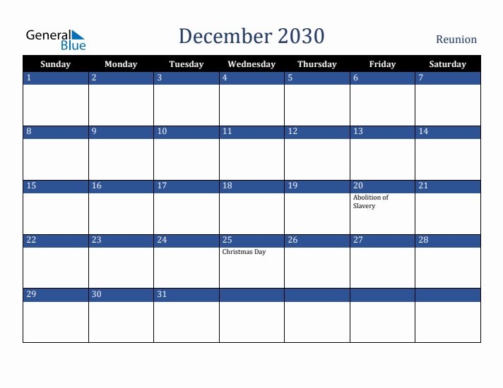 December 2030 Reunion Calendar (Sunday Start)