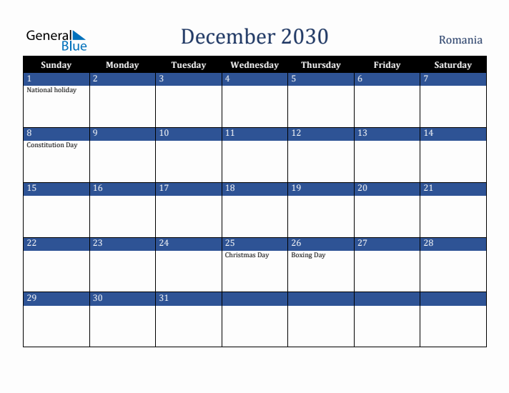 December 2030 Romania Calendar (Sunday Start)