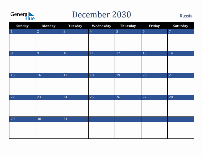 December 2030 Russia Calendar (Sunday Start)