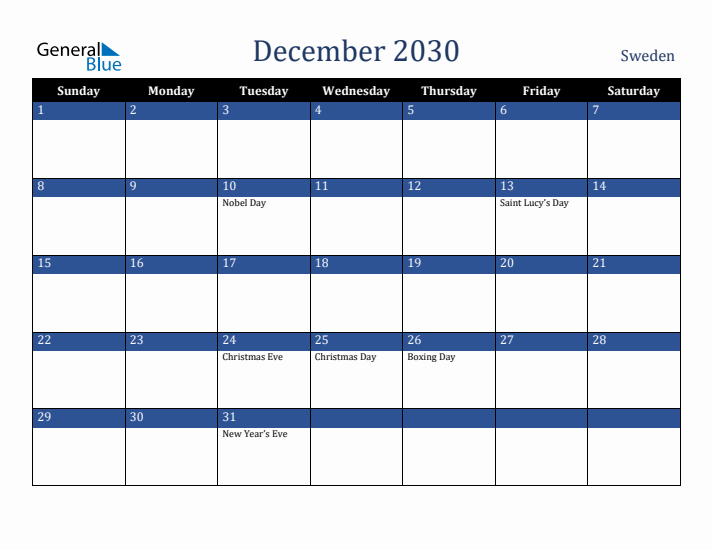 December 2030 Sweden Calendar (Sunday Start)
