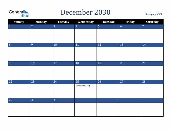 December 2030 Singapore Calendar (Sunday Start)