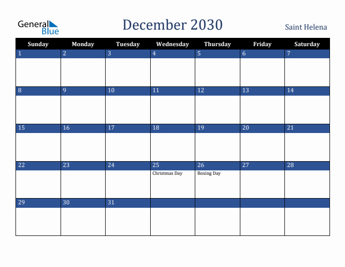 December 2030 Saint Helena Calendar (Sunday Start)