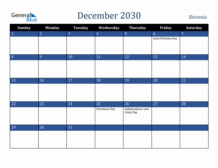 December 2030 Slovenia Calendar (Sunday Start)