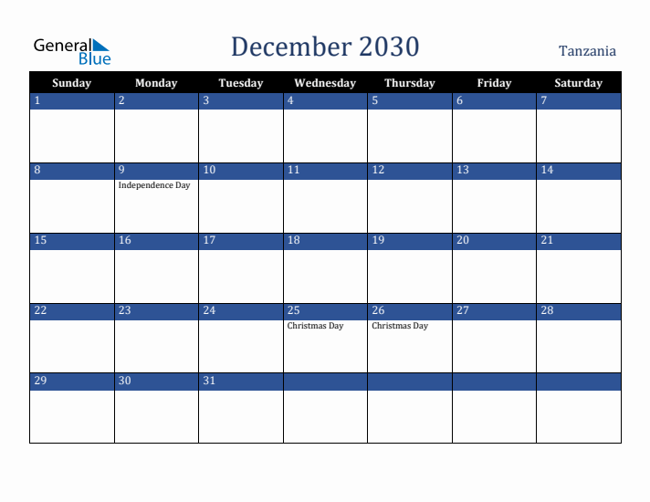 December 2030 Tanzania Calendar (Sunday Start)
