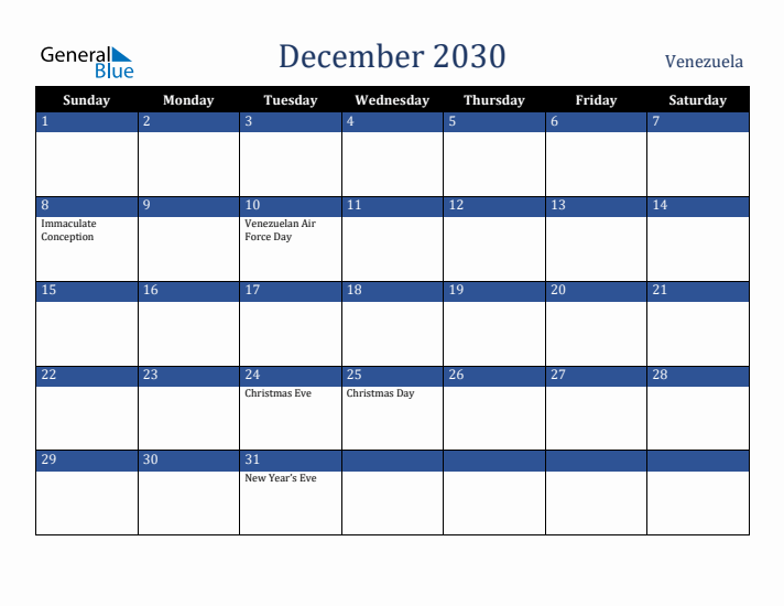 December 2030 Venezuela Calendar (Sunday Start)