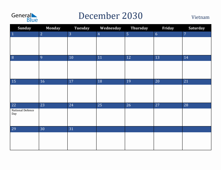 December 2030 Vietnam Calendar (Sunday Start)