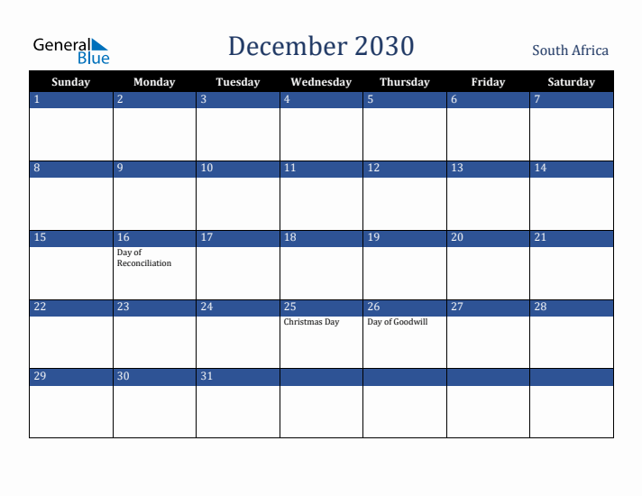 December 2030 South Africa Calendar (Sunday Start)