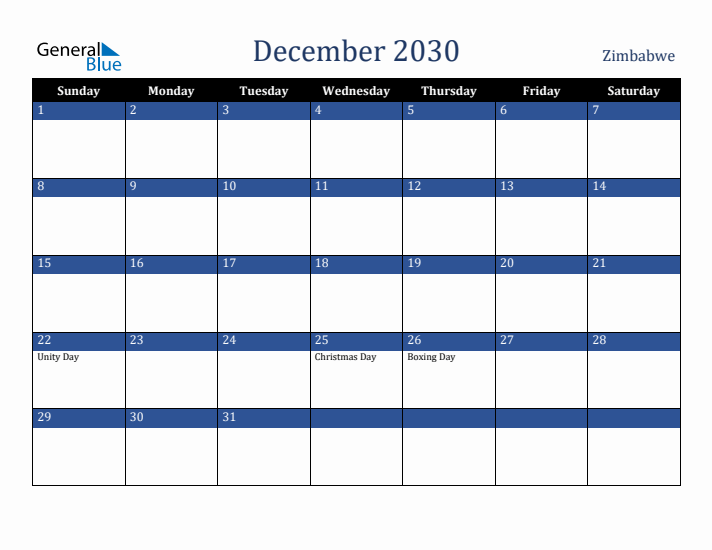December 2030 Zimbabwe Calendar (Sunday Start)