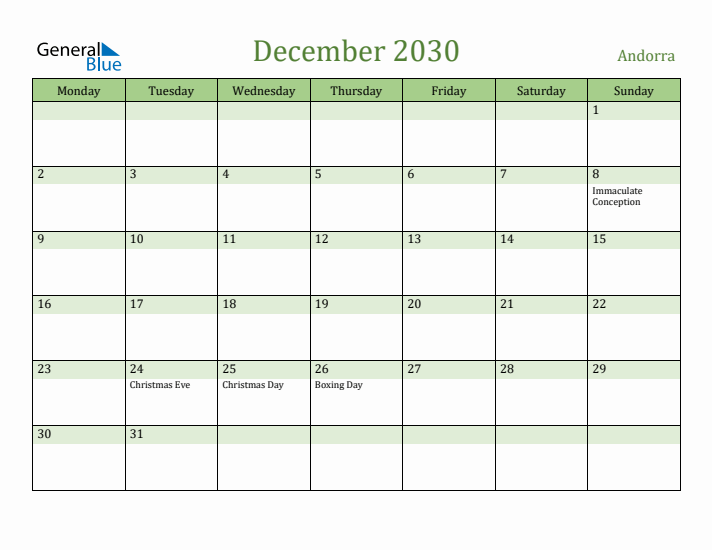 December 2030 Calendar with Andorra Holidays