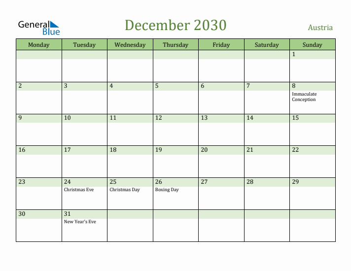 December 2030 Calendar with Austria Holidays