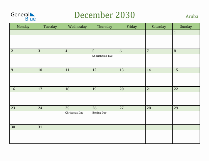 December 2030 Calendar with Aruba Holidays