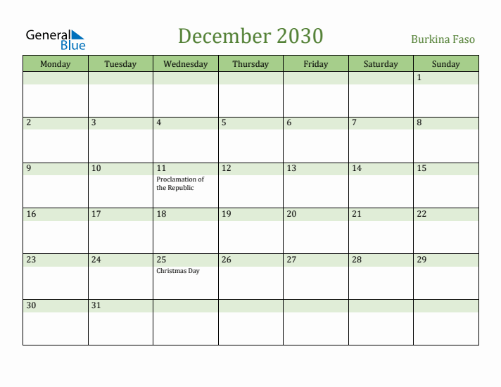 December 2030 Calendar with Burkina Faso Holidays