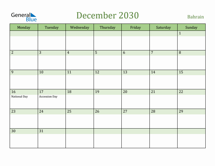 December 2030 Calendar with Bahrain Holidays