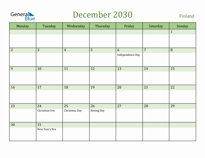 December 2030 Calendar with Finland Holidays