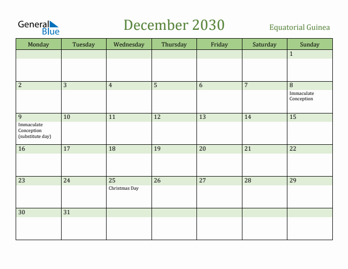 December 2030 Calendar with Equatorial Guinea Holidays
