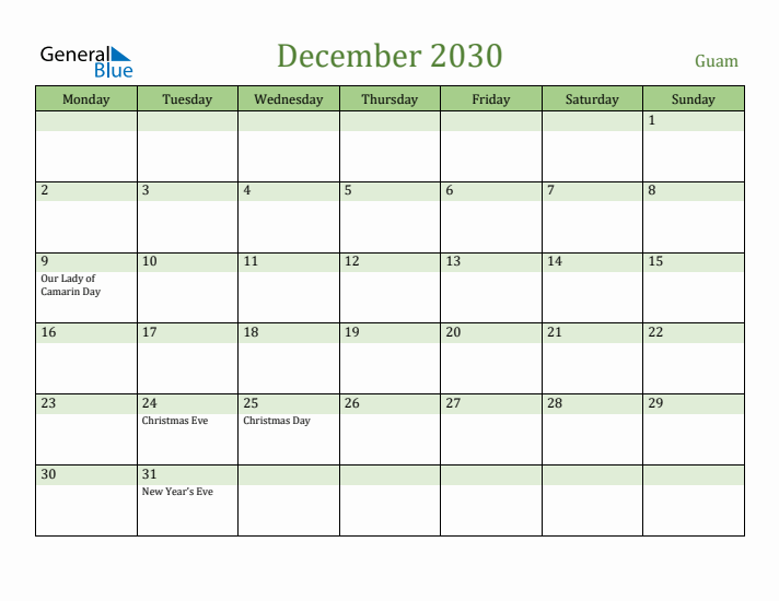 December 2030 Calendar with Guam Holidays