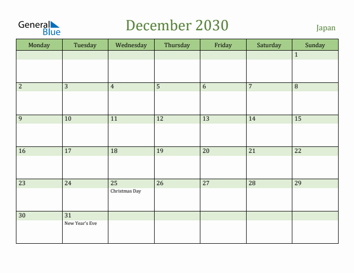 December 2030 Calendar with Japan Holidays