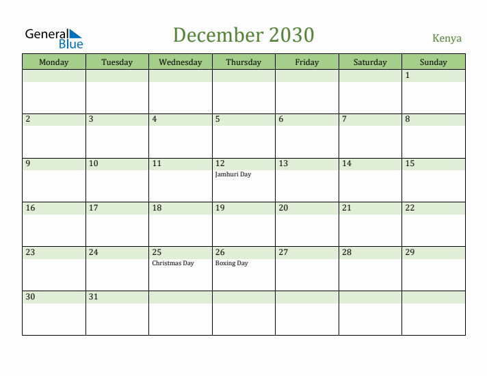 December 2030 Calendar with Kenya Holidays