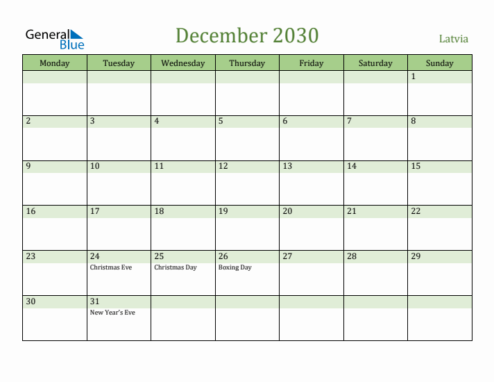 December 2030 Calendar with Latvia Holidays