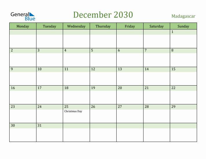 December 2030 Calendar with Madagascar Holidays