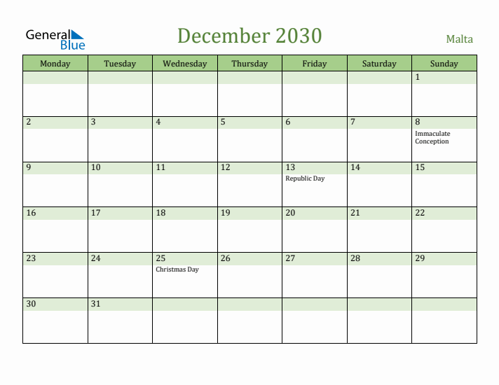 December 2030 Calendar with Malta Holidays