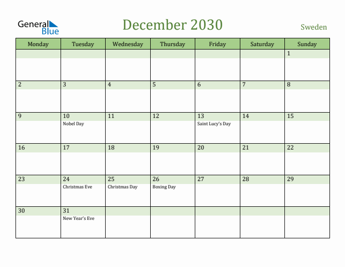 December 2030 Calendar with Sweden Holidays