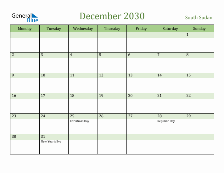 December 2030 Calendar with South Sudan Holidays