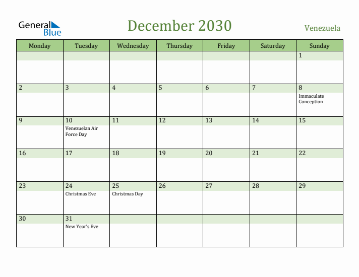 December 2030 Calendar with Venezuela Holidays