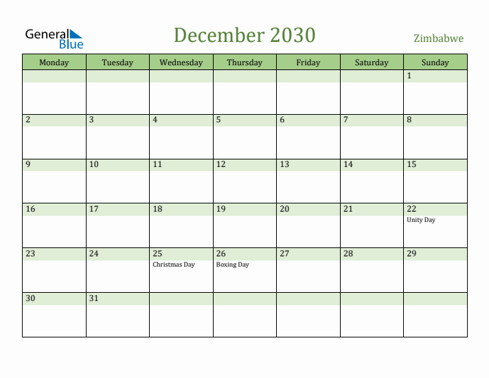 December 2030 Calendar with Zimbabwe Holidays