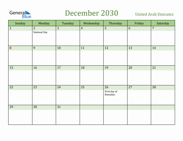 December 2030 Calendar with United Arab Emirates Holidays