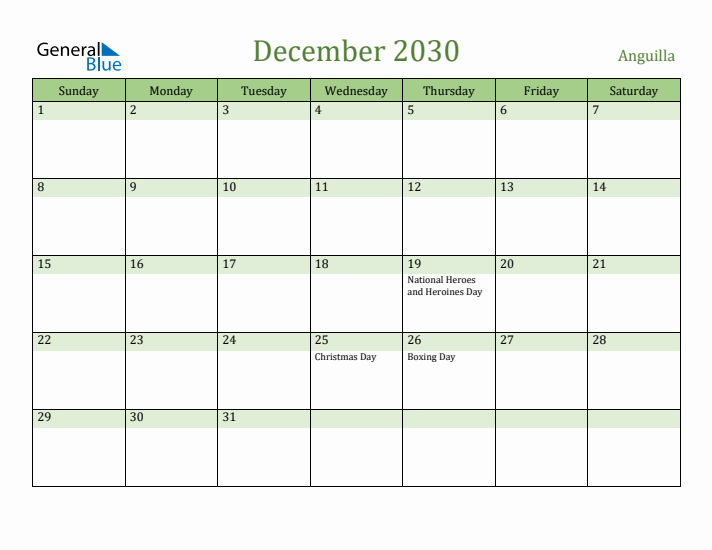 December 2030 Calendar with Anguilla Holidays