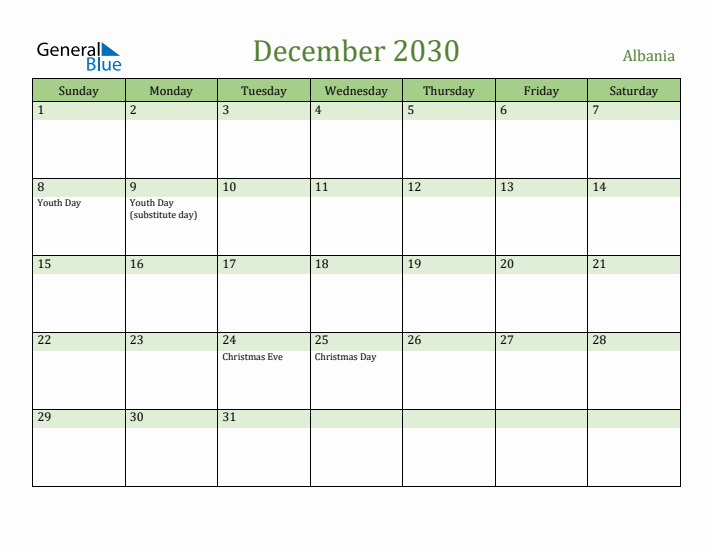 December 2030 Calendar with Albania Holidays