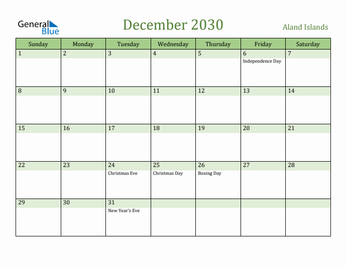 December 2030 Calendar with Aland Islands Holidays