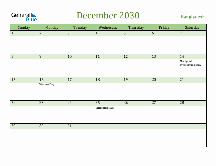 December 2030 Calendar with Bangladesh Holidays