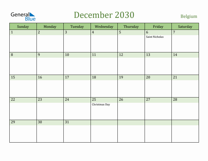 December 2030 Calendar with Belgium Holidays