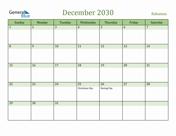 December 2030 Calendar with Bahamas Holidays