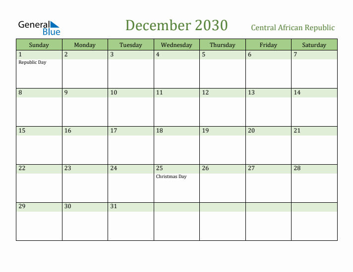 December 2030 Calendar with Central African Republic Holidays