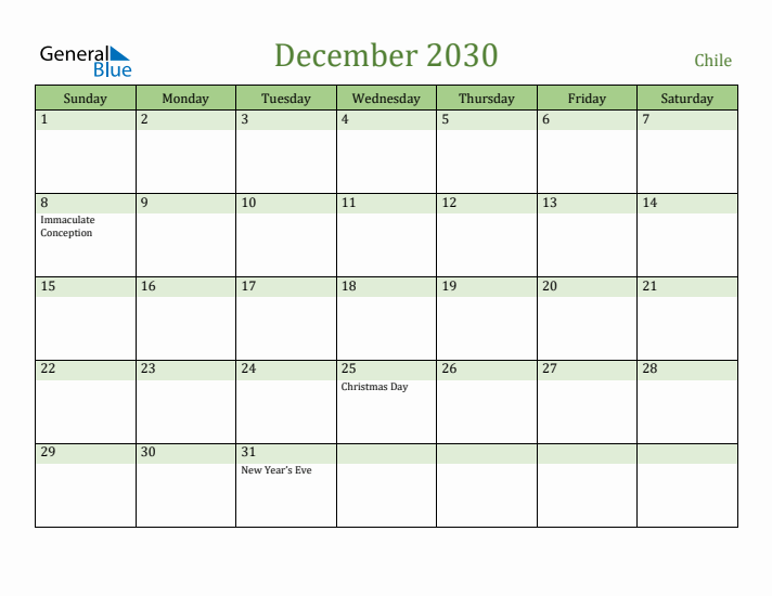 December 2030 Calendar with Chile Holidays