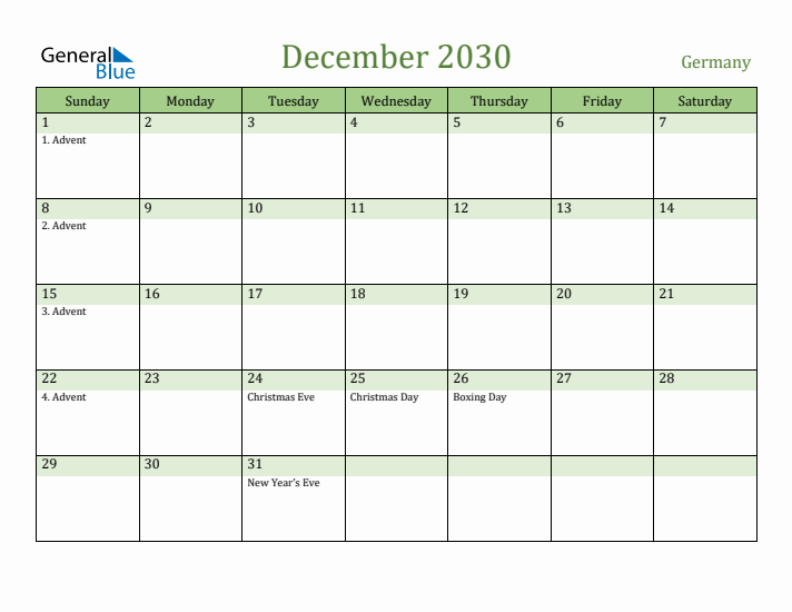 December 2030 Calendar with Germany Holidays
