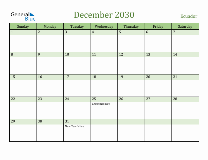 December 2030 Calendar with Ecuador Holidays