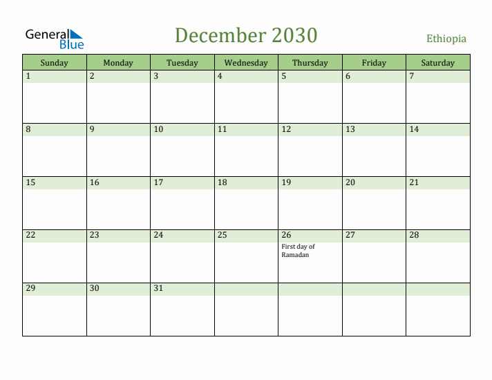 December 2030 Calendar with Ethiopia Holidays