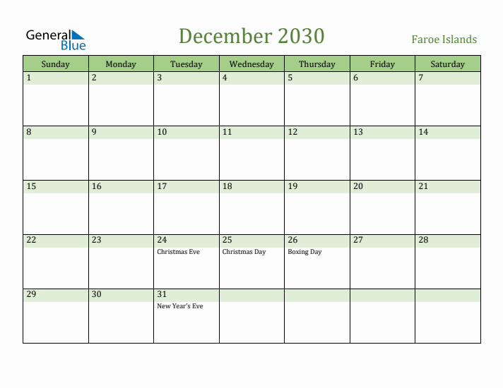 December 2030 Calendar with Faroe Islands Holidays