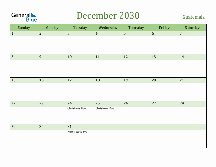 December 2030 Calendar with Guatemala Holidays
