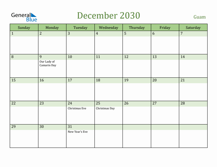 December 2030 Calendar with Guam Holidays