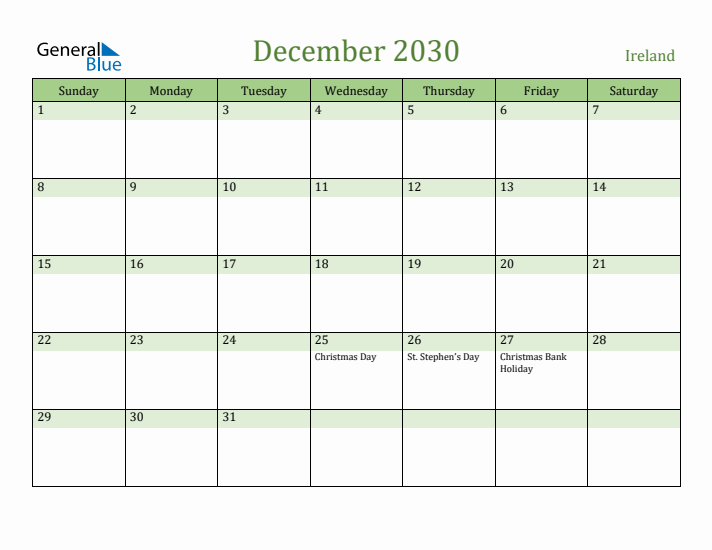 December 2030 Calendar with Ireland Holidays