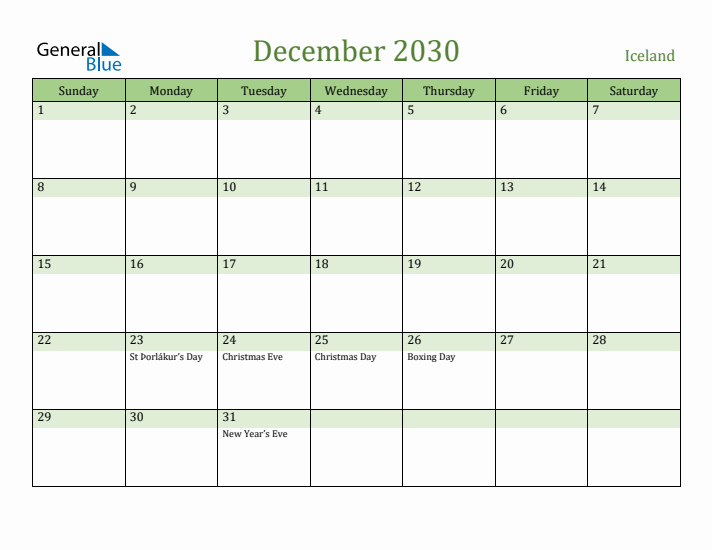 December 2030 Calendar with Iceland Holidays