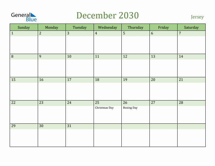 December 2030 Calendar with Jersey Holidays