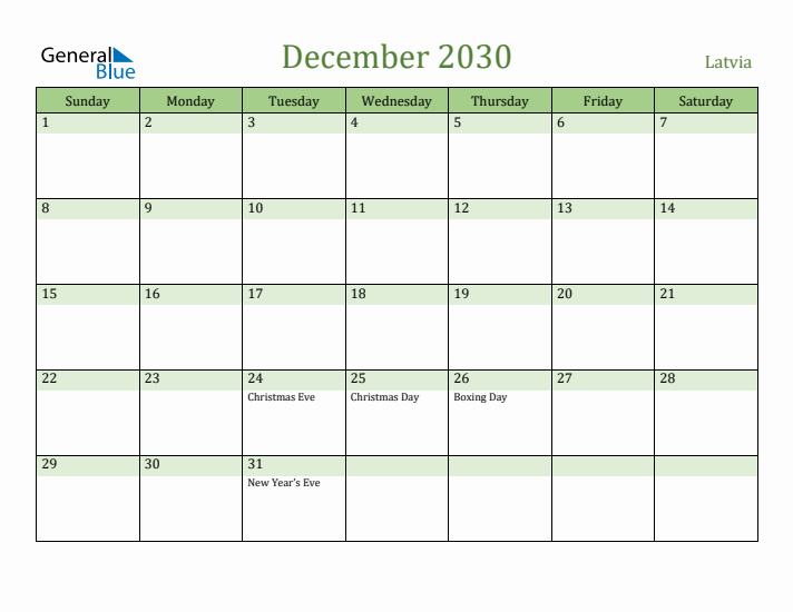 December 2030 Calendar with Latvia Holidays