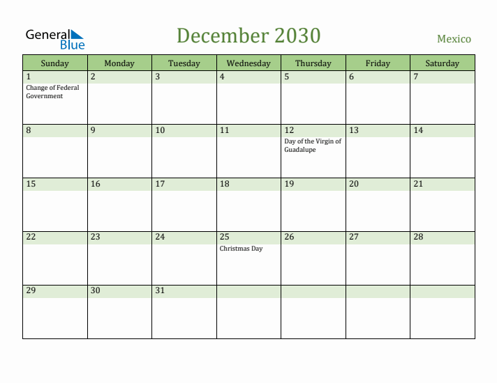 December 2030 Calendar with Mexico Holidays