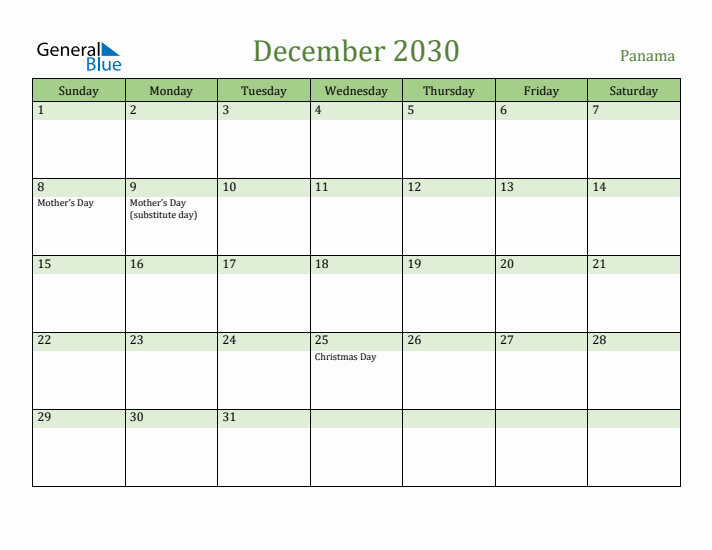 December 2030 Calendar with Panama Holidays